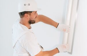 Plasterboard being installed during a renovation